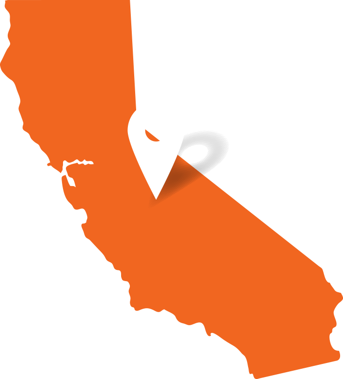 An orange icon of the outline of California with a map marker in the middle placed over Sacramento, CA
